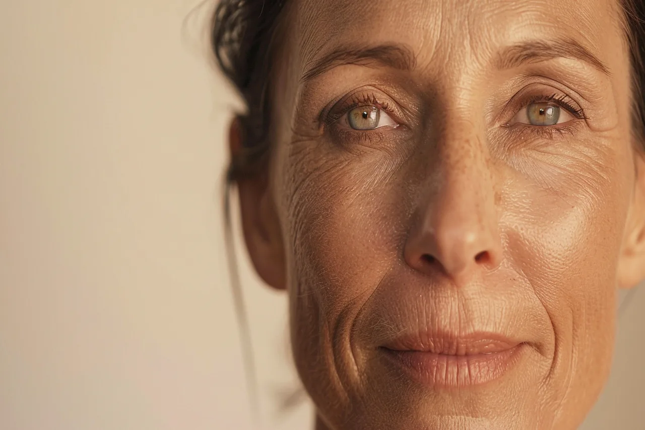 Mujer con piel madura afectada por los cambios hormonales de la perimenopausia y menopausia