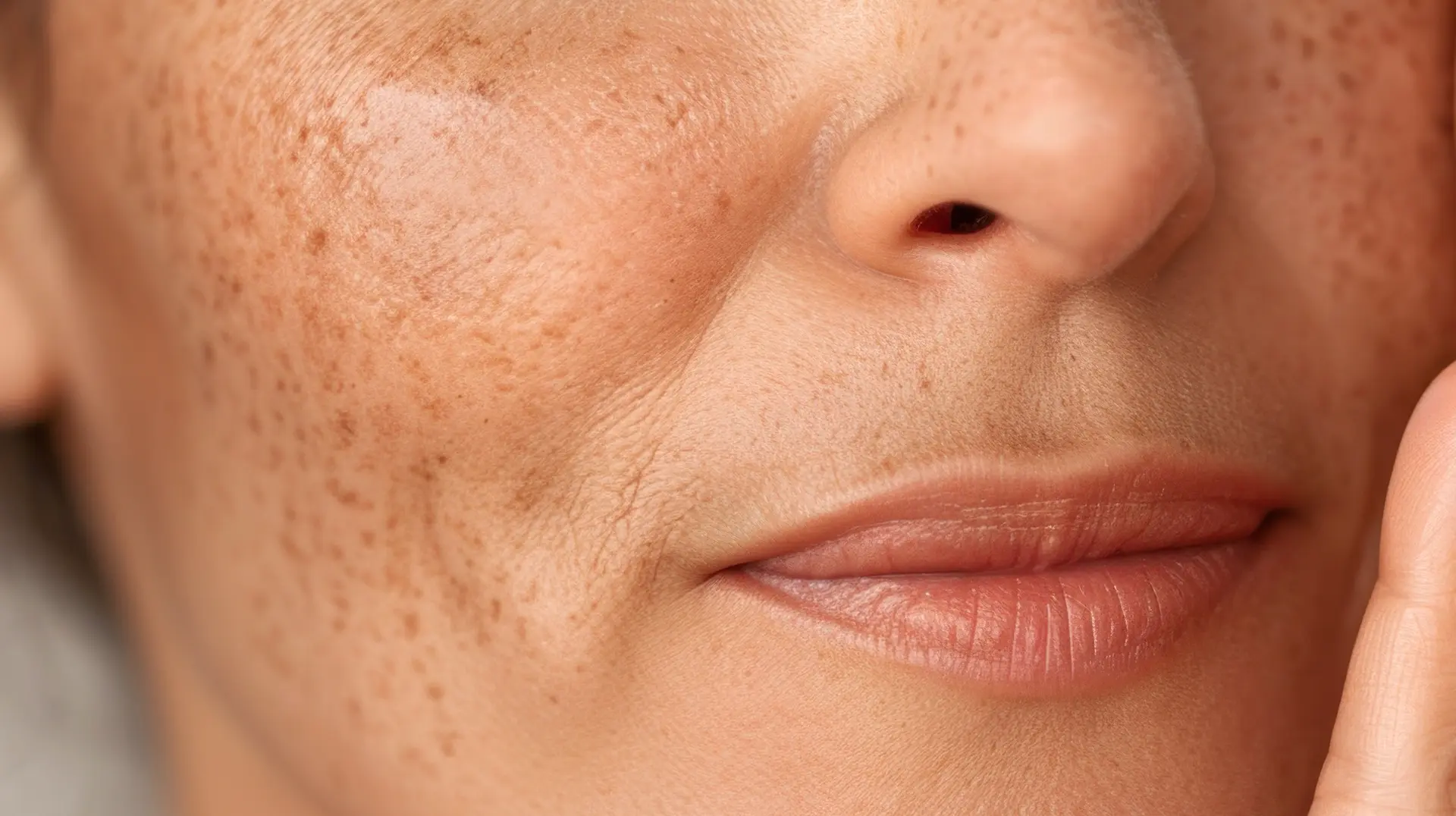 Primer plano de mujer con manchas y textura irregular en la piel por la perimenopausia y menopausia